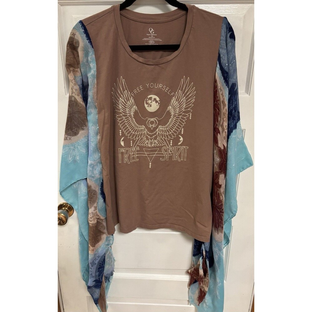Upcycled Boho Kimono Sleeve Top  Free Spirit Graphic Tee One Size Fits Most - Picture 3 of 4